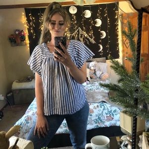 Blue & White Striped Ruffle Sleeve Peasant Blouse